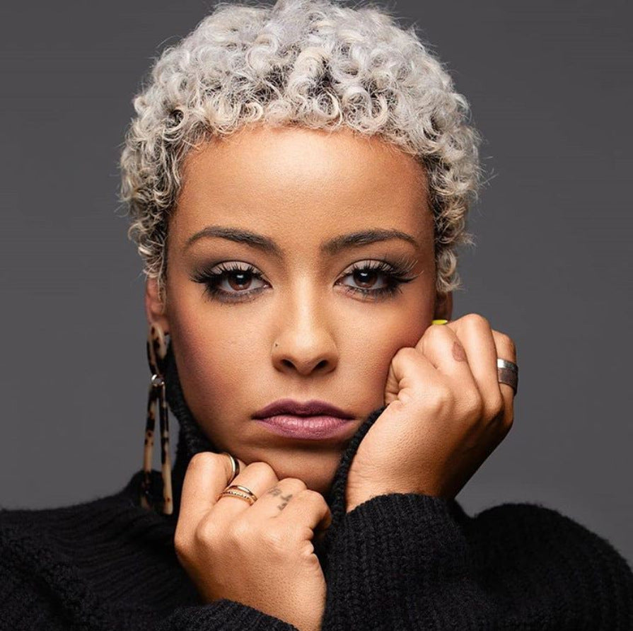 African Small Curly Synthetic Wig for Ladies - Silver White, 3 Inch