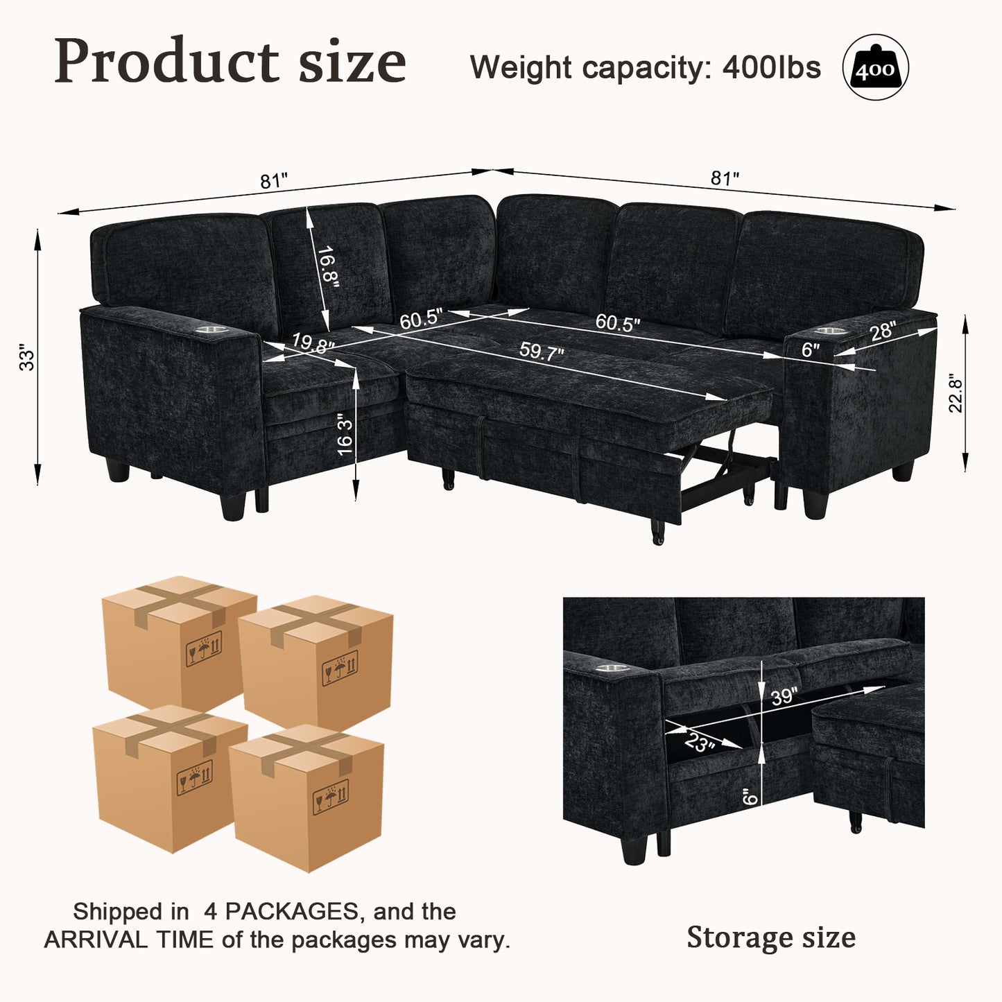 L-Shaped Sofa Bed with Storage & USB Ports - Charcoal Grey
