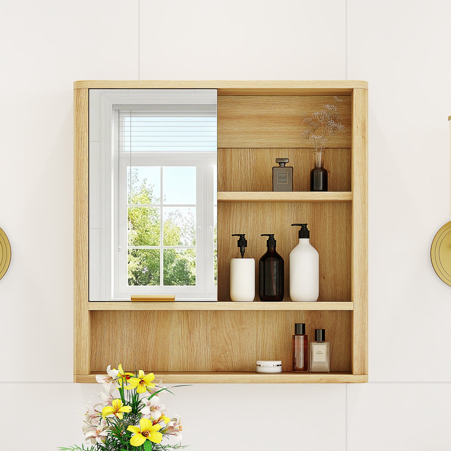 Wall Mounted Mirror Cabinet - Natural Wood Finish MDF Organizer