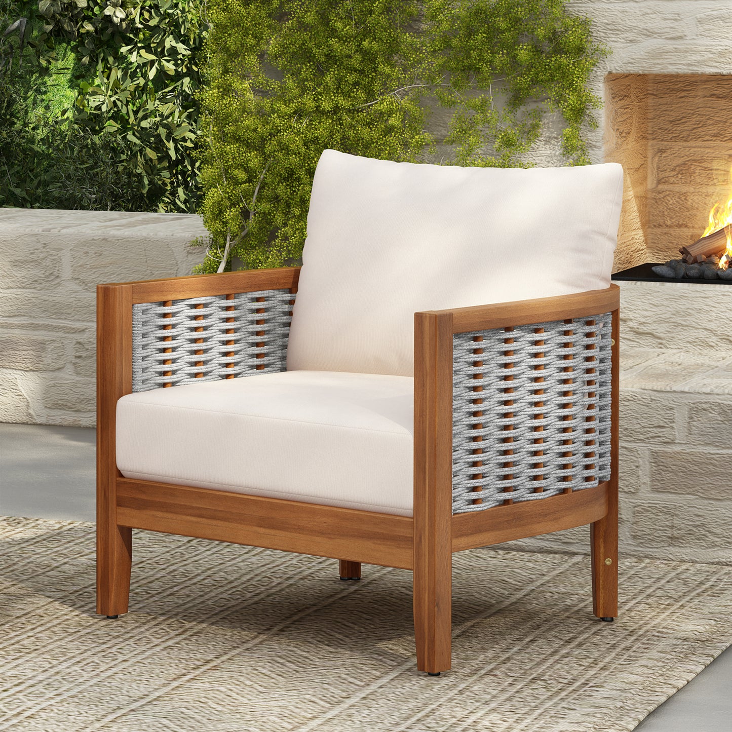 Outdoor Unique Tub Design Armchair With Woven Rope, Patio Furniture