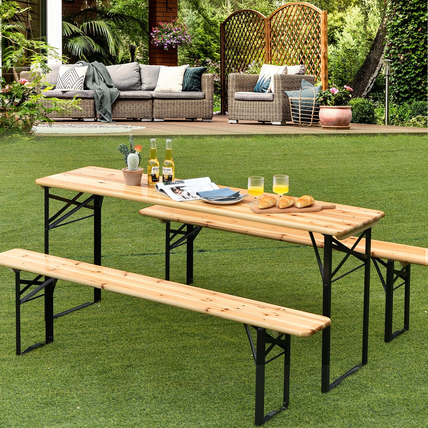 Folding Wooden Picnic Table and Bench Set - 3 Pieces