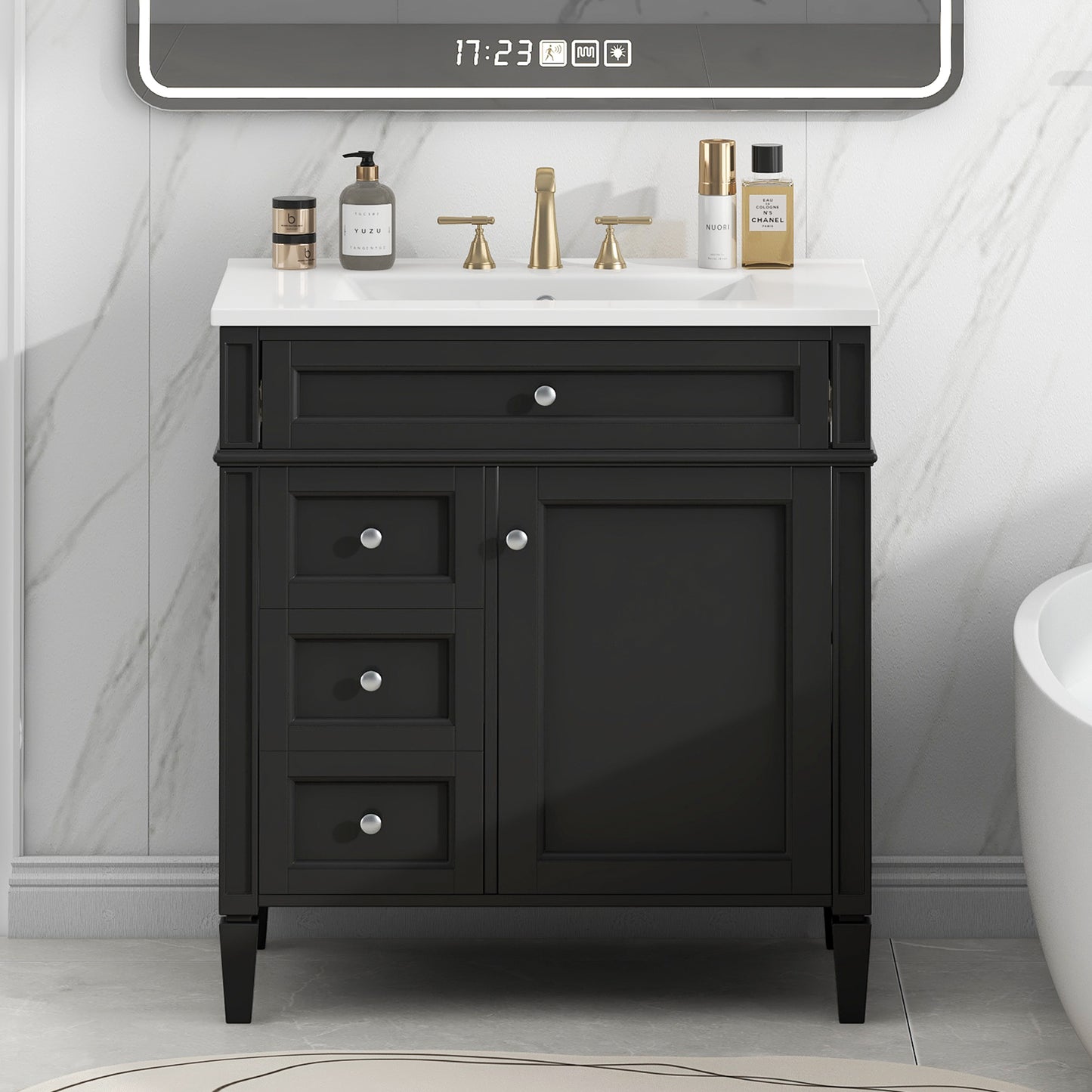 30'' Modern Bathroom Vanity with Ceramic Sink and Storage - Black