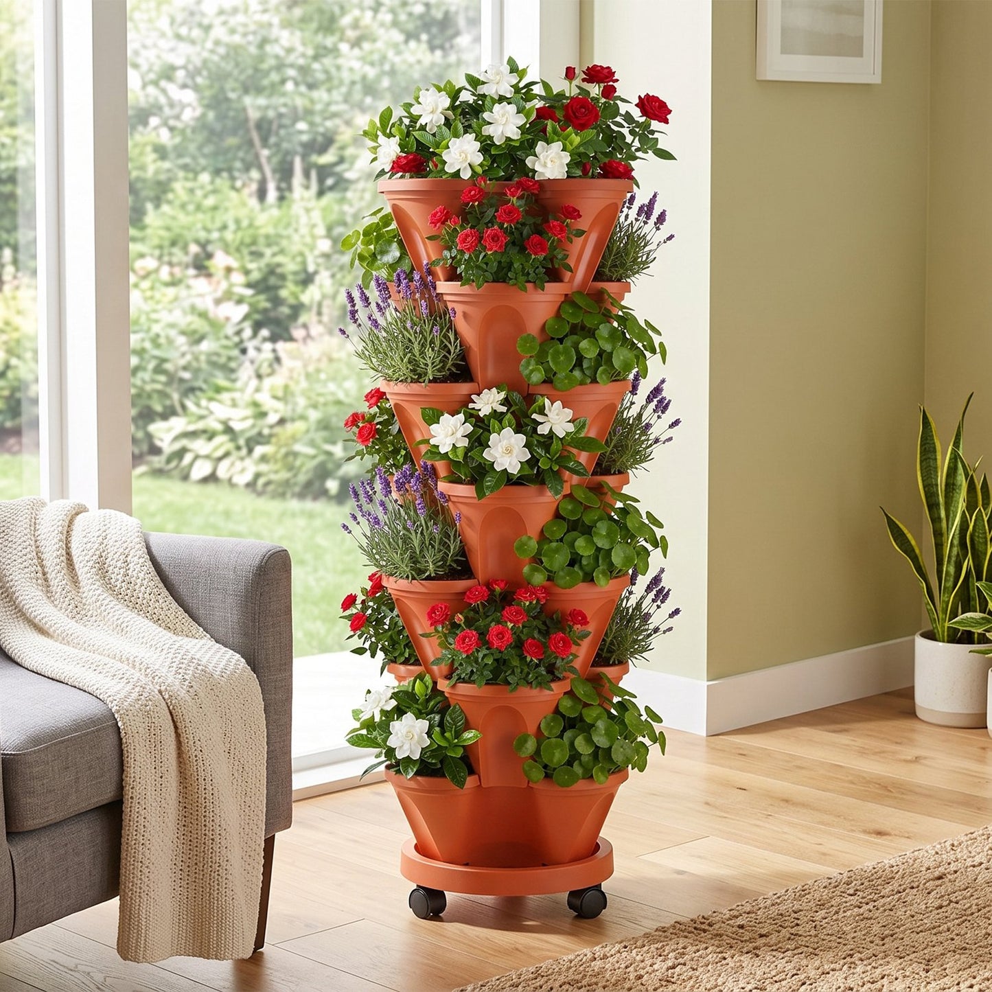 7-Tier Vertical Stackable Garden Planter with Wheels and Drainage System