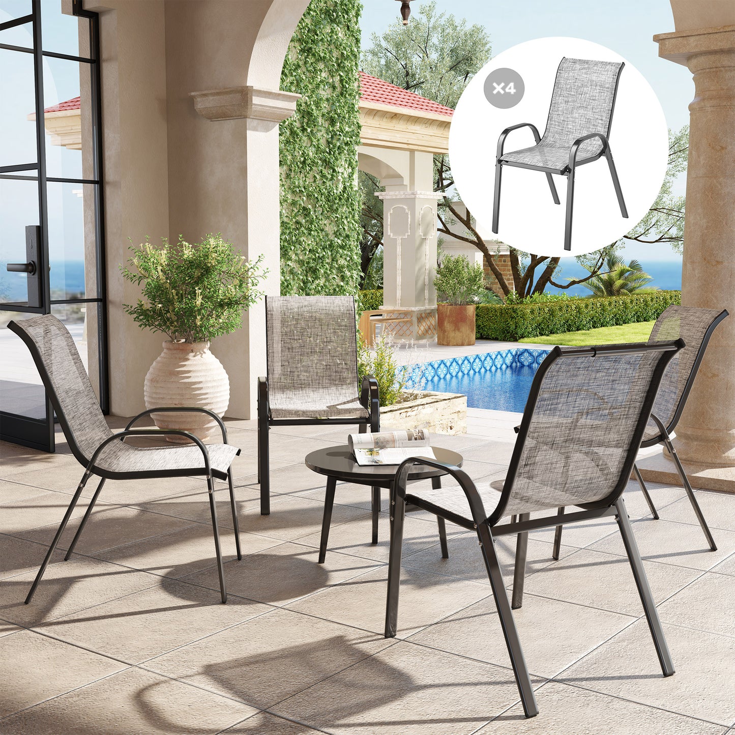 Set of 4 Stackable Outdoor Dining Chairs with Mesh Seat - Mixed Gray