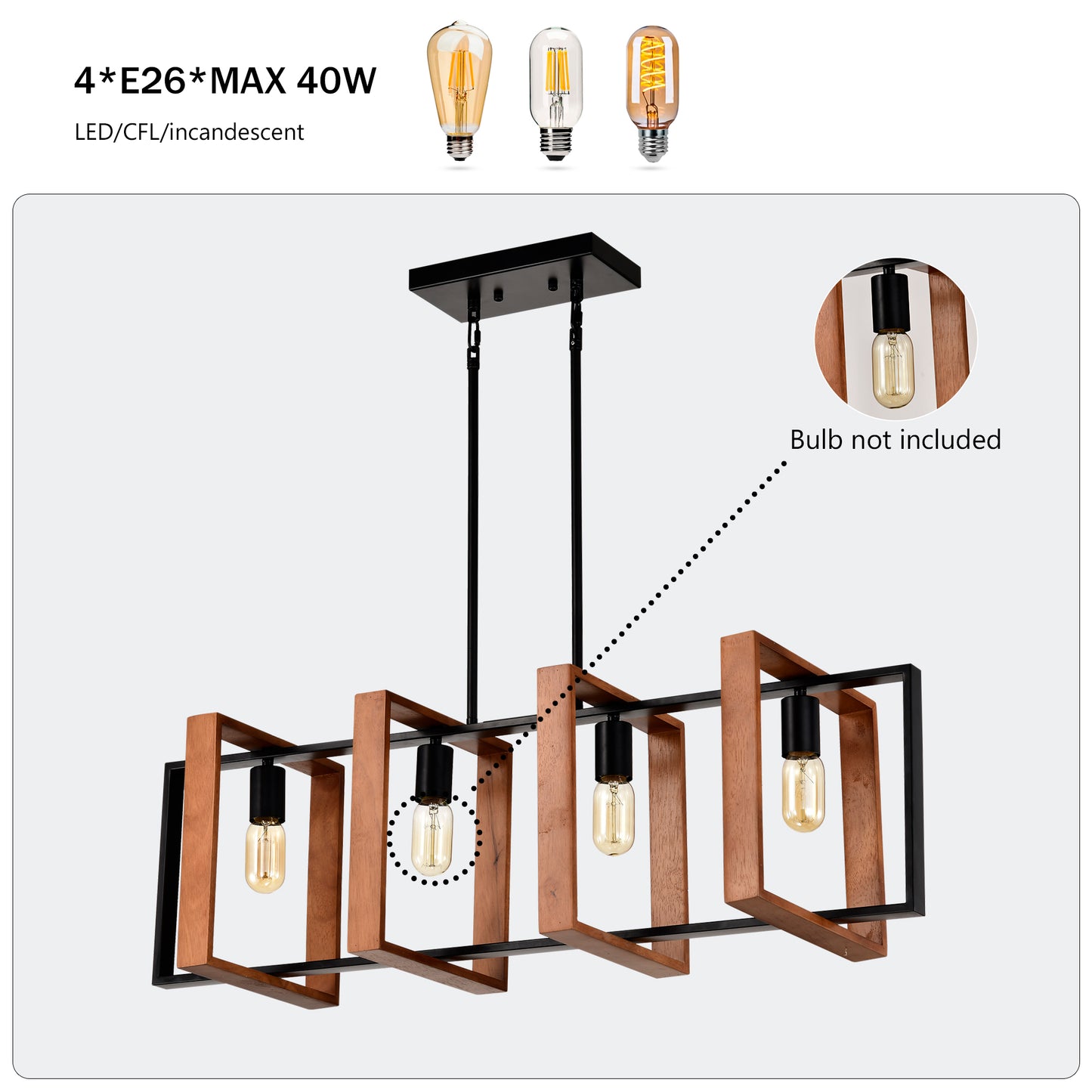 4-Light Farmhouse Pendant Light Fixture with Wooden Finish - Rustic Modern Chandelier for Kitchen & Dining