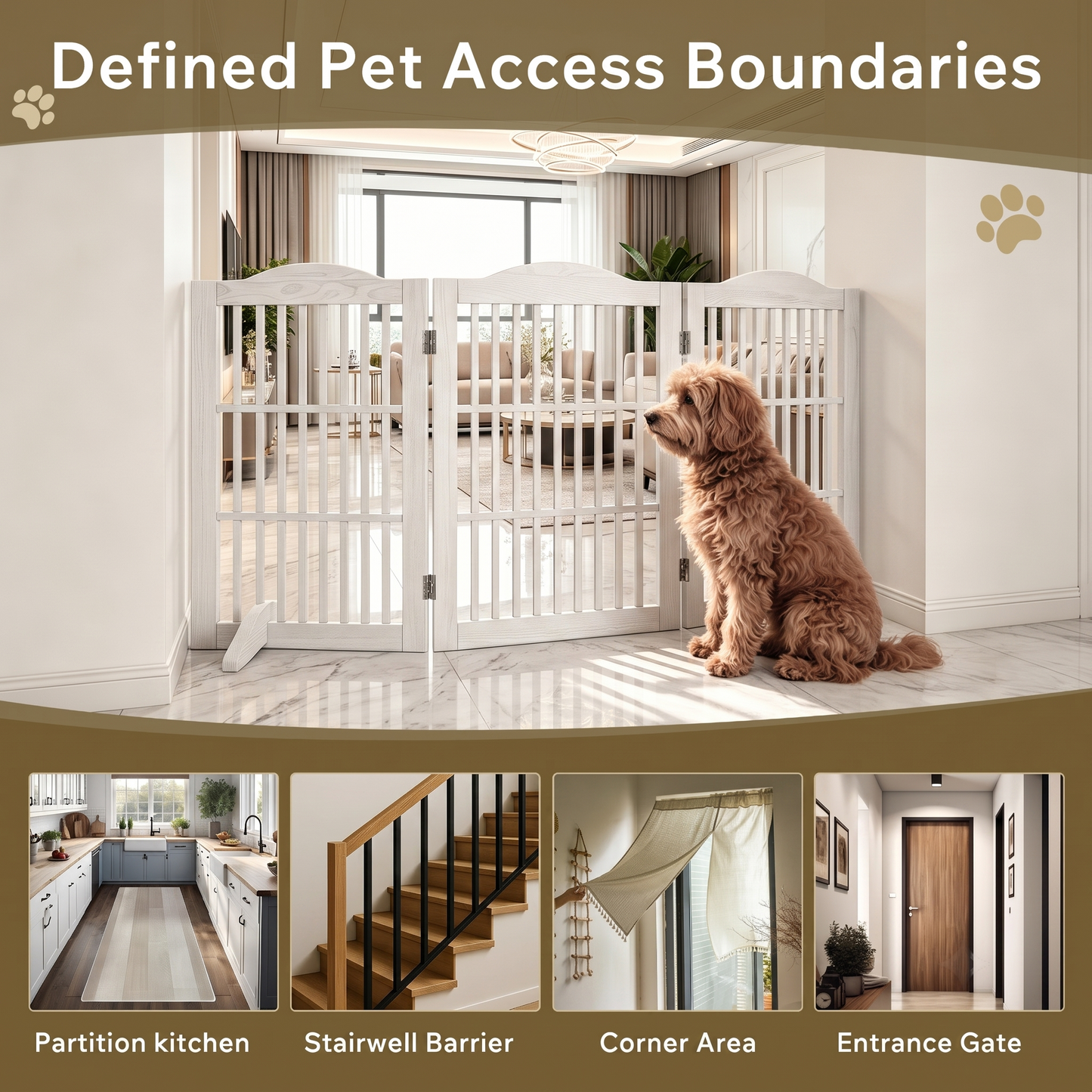 Wooden Foldable Pet Gate for Dogs - 30 Inch 3-Panel Doorway Barrier, Freestanding Wooden Fence