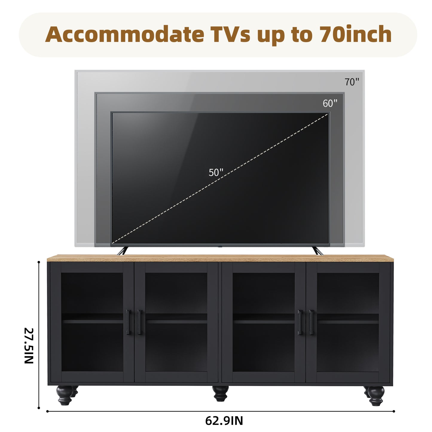 Farmhouse TV Stand with Gourd-Shaped Legs for TVs Up to 70" - Black Natural