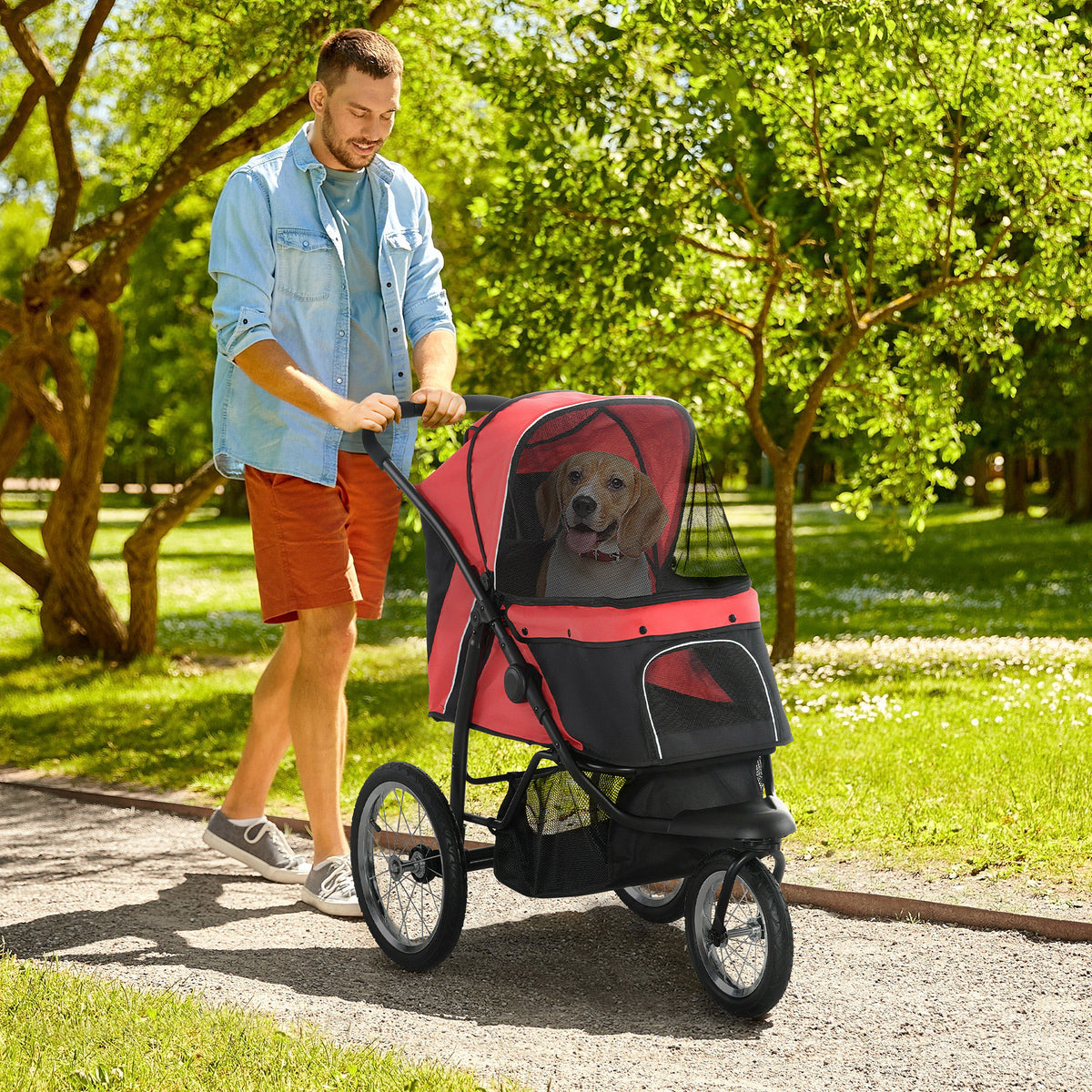 Pet Stroller for Small to Medium Dogs with 3 Large Wheels, Adjustable Canopy, Safety Tether