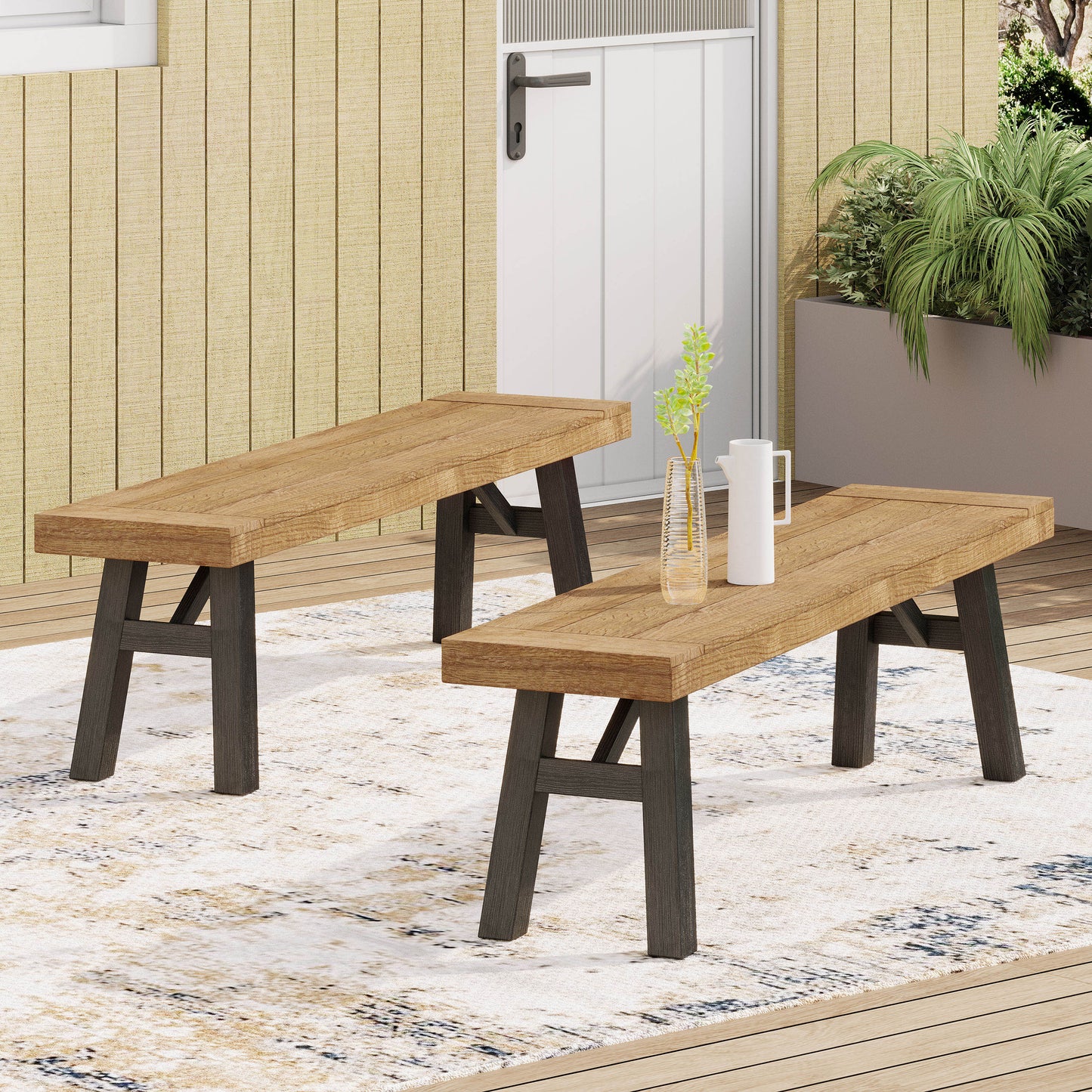 Outdoor Bench Set of 2 - Slat Panel Design, Acacia Wood, Grey