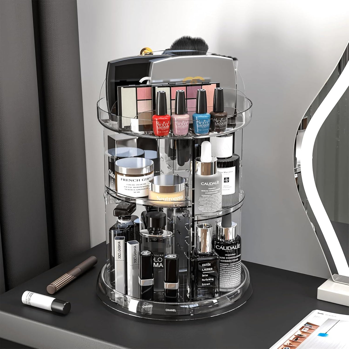 360 Rotating Makeup Organizer with Adjustable Shelves Clear Acrylic Vanity Storage