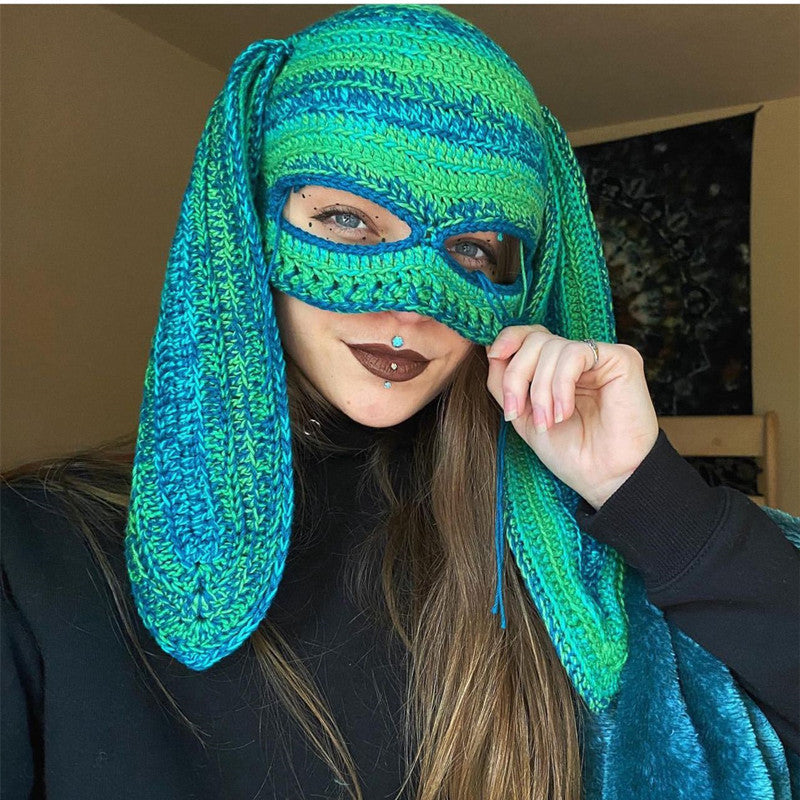 Knitted Rabbit Ear Mask Hat - Funny One-Eye Exposed Horn Thermal & Windproof