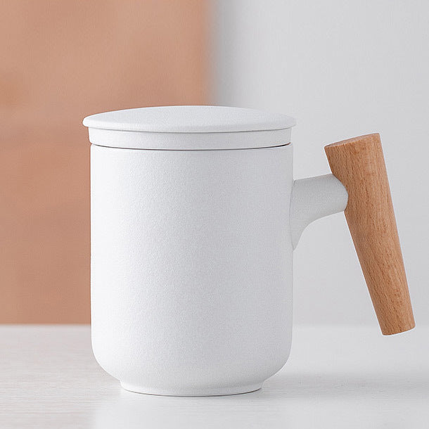 Ceramic Frosted Mug with Wooden Handle - Household Office Drinkware Set