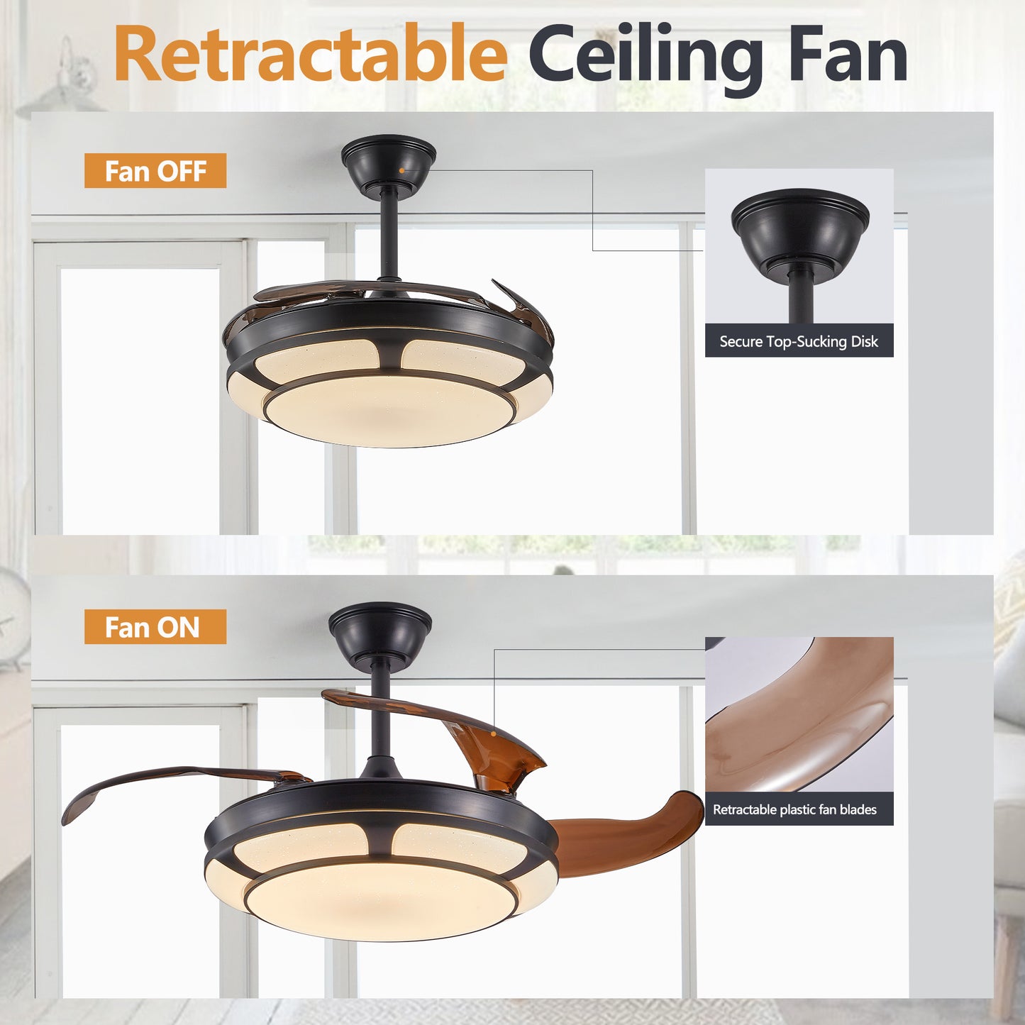 Retractable Ceiling Fan with Light - Modern LED Chandelier Fan
