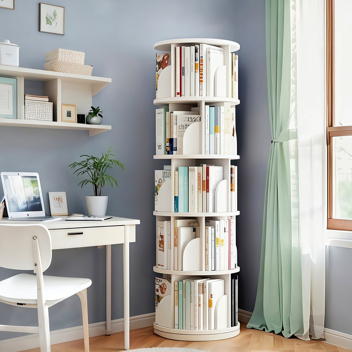 5 Tier Rotating Bookshelf, Display Round Spinning Space-Saving, Small