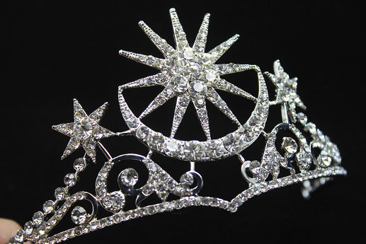 Star & Moon Diamond Crown Tiara - Silver