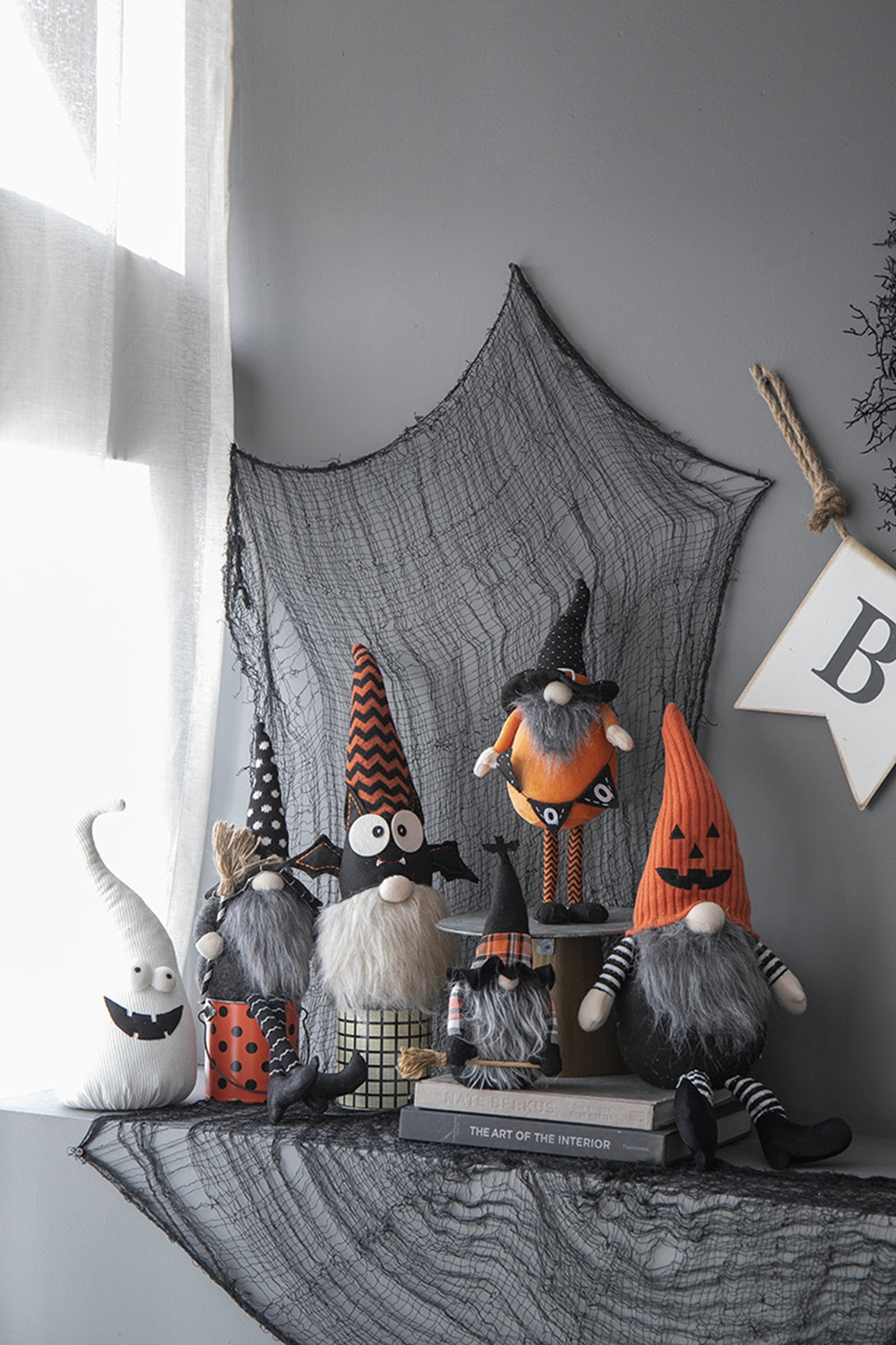 Set of 2 Fabric Standing Gnomes with 'B-O-O' Banner - Halloween Decor