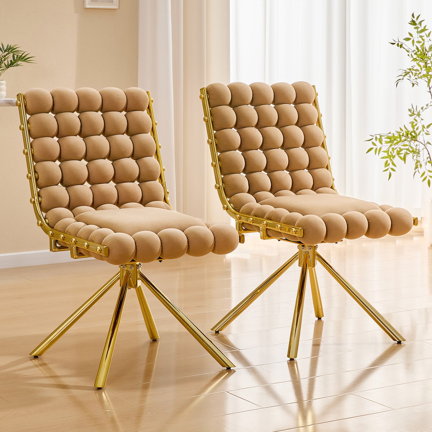 Set of 2 Tufted Ball Backrest Swivel Chairs with Gold Legs - Brown & Gold