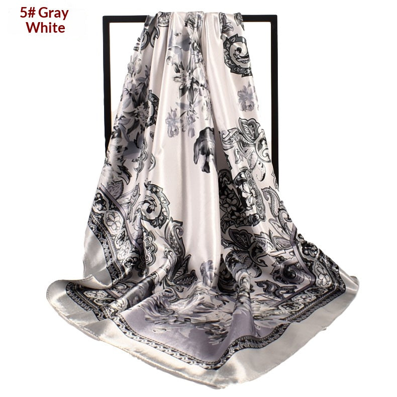 Retro Paisley Satin Square Scarf - Floral Print Large Neck Head Wrap