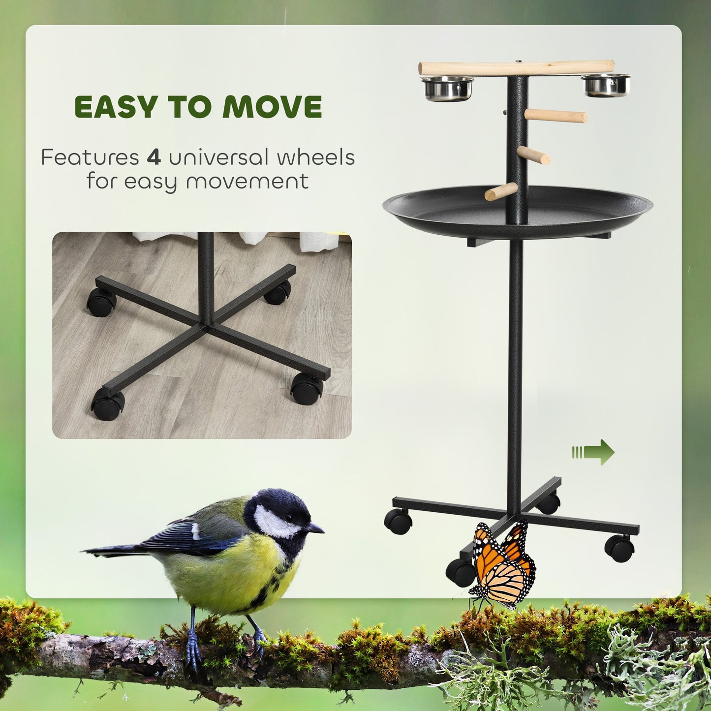 Portable Bird Play Stand with Wheels and Stainless Steel Feeders - Gray