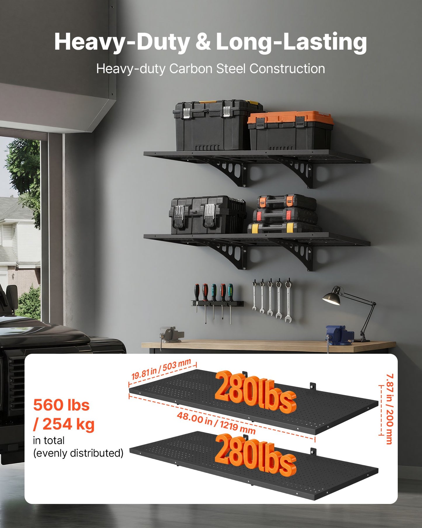 Heavy Duty Wall Garage Shelving Set - Steel Floating Storage Racks, 2-Tier, Black, 560 Lb Capacity