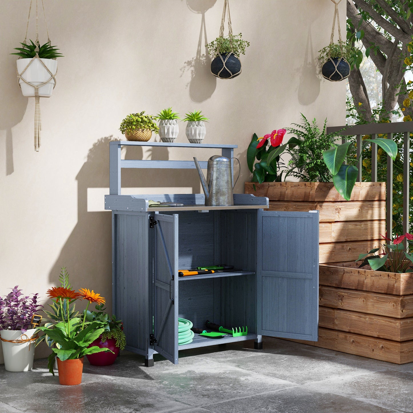 Outdoor Wooden Potting Bench with Storage Cabinet and Galvanized Tabletop - Gray