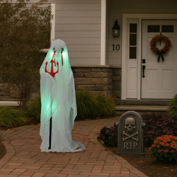 Life Size Animatronic Ghost Decoration with Trident - Sound Activated with Green Lights