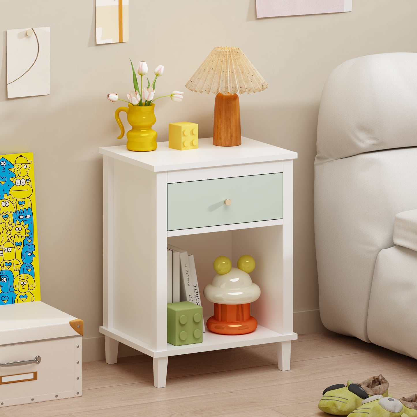 Wooden Nightstand with Drawer and Shelf - White & Green