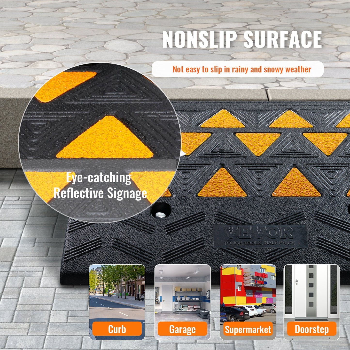 Heavy Duty Rubber Curb Ramp for Vehicles & Wheelchairs - 6' Rise, 14.6' Width, 19.3' Length, Black