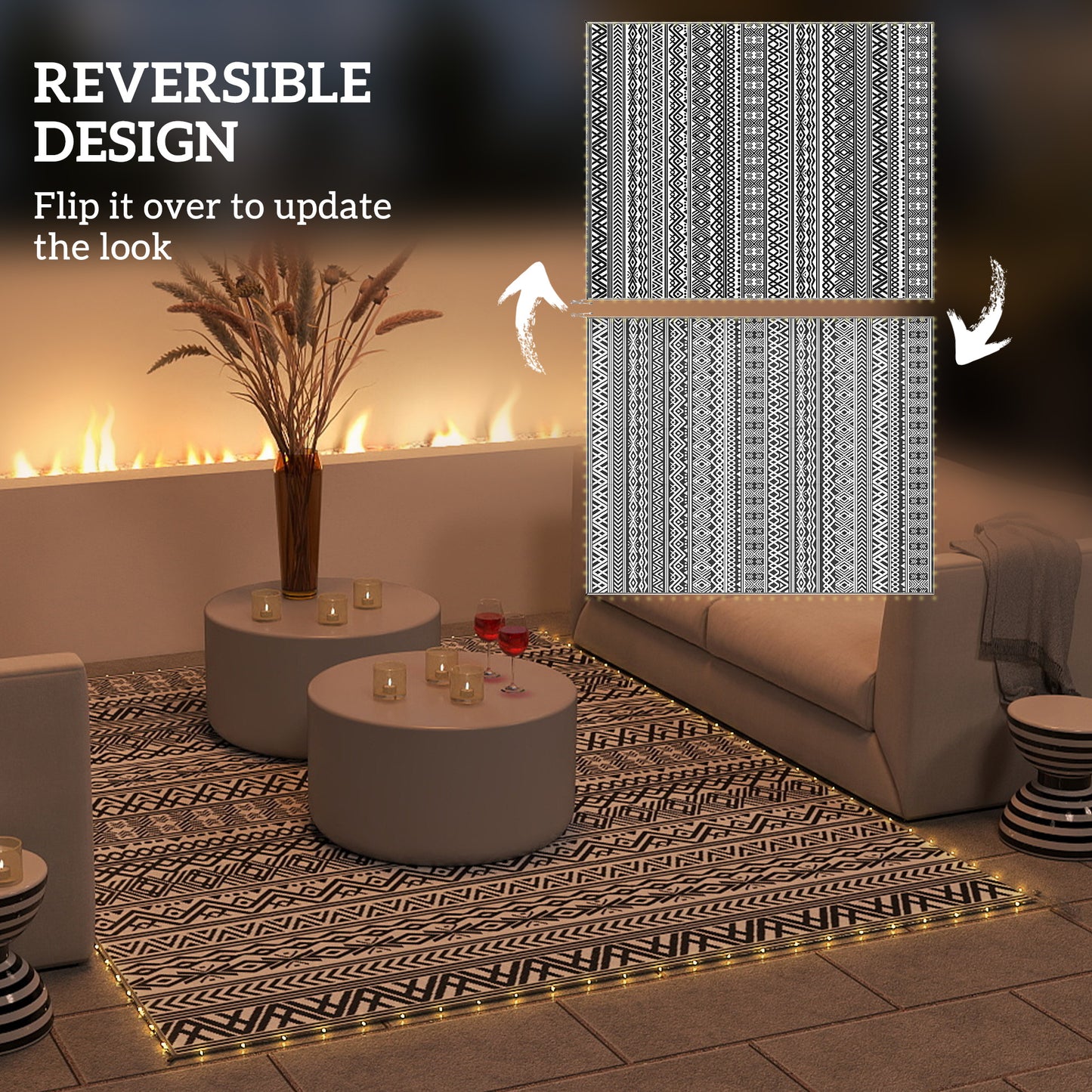 Reversible Outdoor Rug with USB Lights - 10' x 8' Camping Carpet