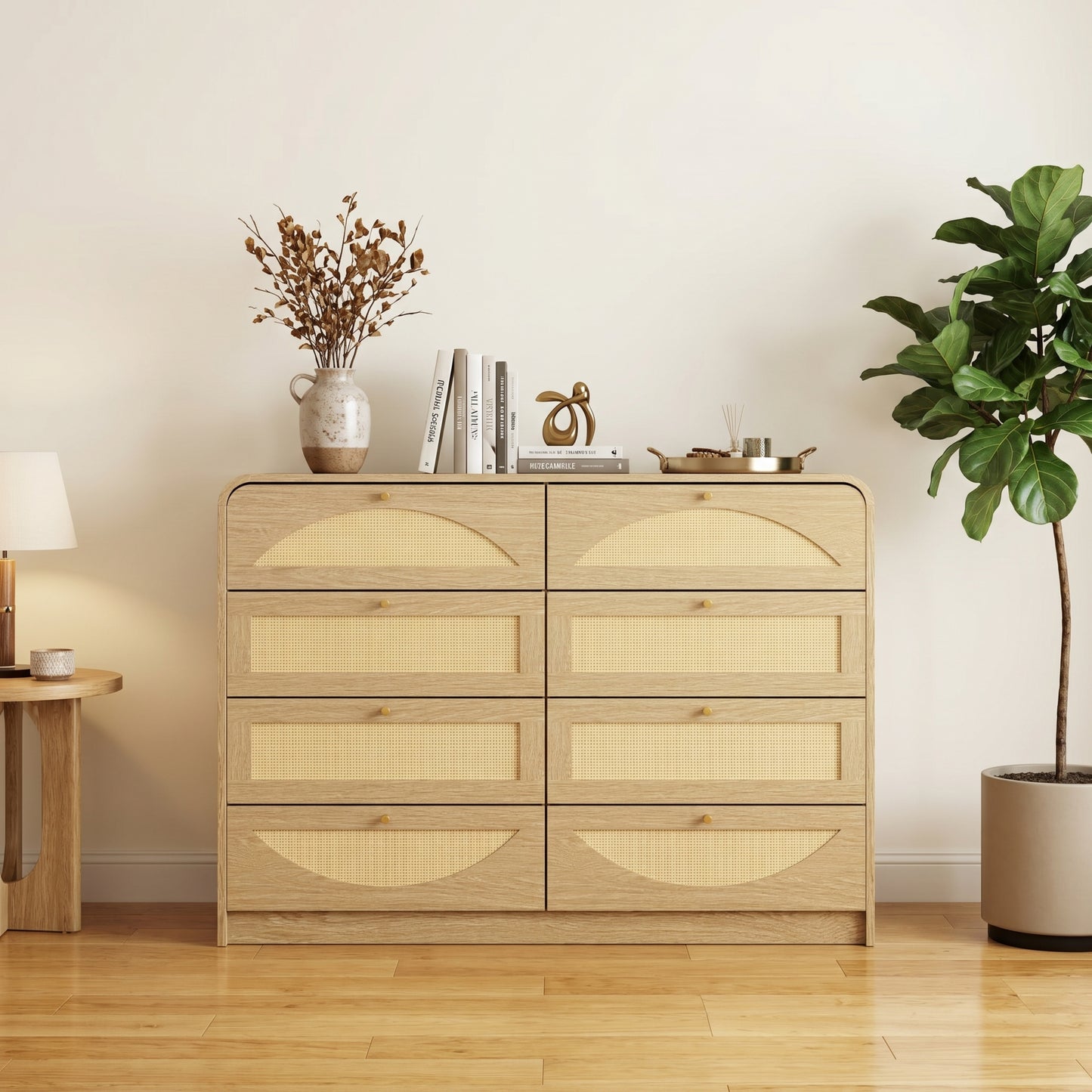 Natural 8-Drawer Dresser with Rattan Front - Wide Storage Cabinet