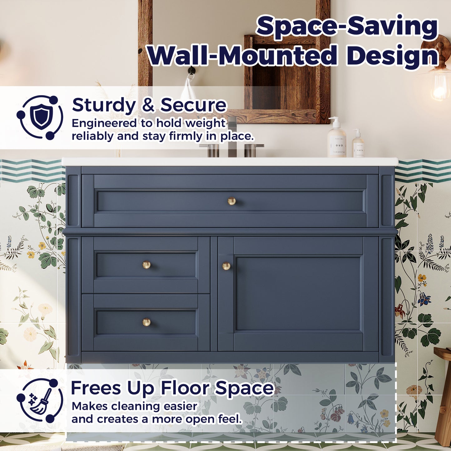 36-Inch Wall Mounted Bathroom Vanity with Ceramic Sink - Blue