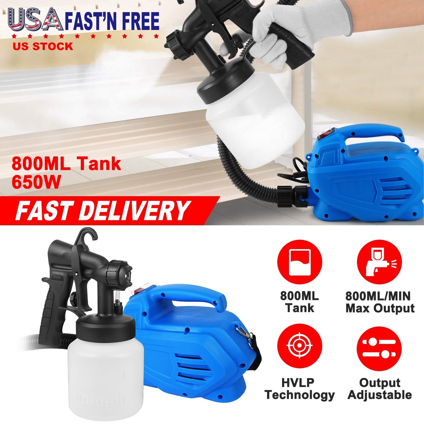 800ML HVLP Paint Sprayer with 3 Modes & Removable Container - Garden Tools