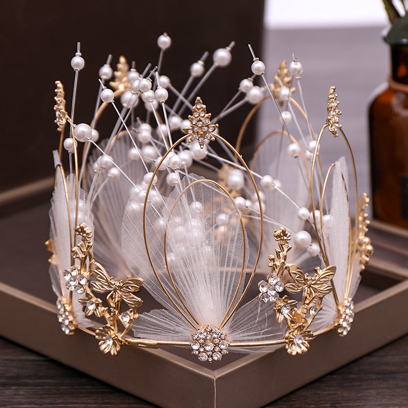 Pearl Bridal Crown Tiara with Earrings - Gold