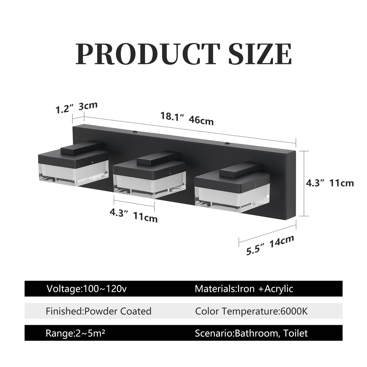 Modern LED Vanity Light - 3-Light Matte Black Over Mirror