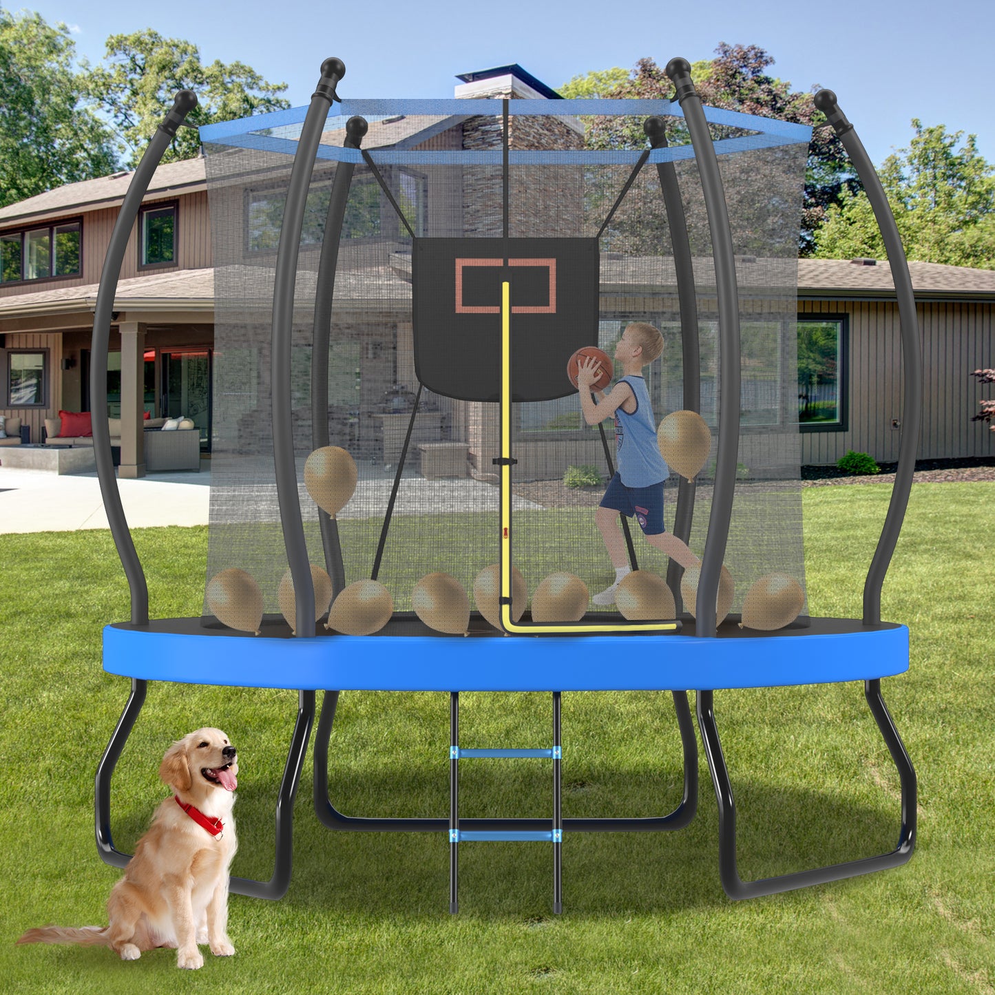 8FT Trampoline With Basketball Hoop, Enclosure Net And Ladder,