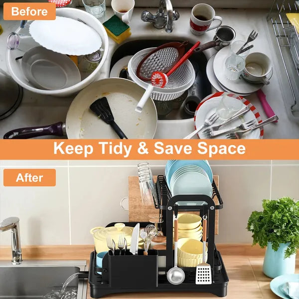 2-Tier Dish Drying Rack with Drainboard - Space Saving Organizer