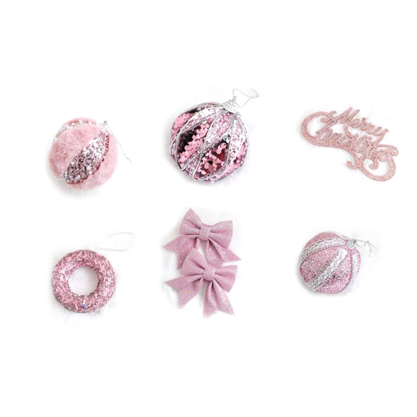 6-Piece Christmas Tree Decoration Set - Pink Plush Ornaments
