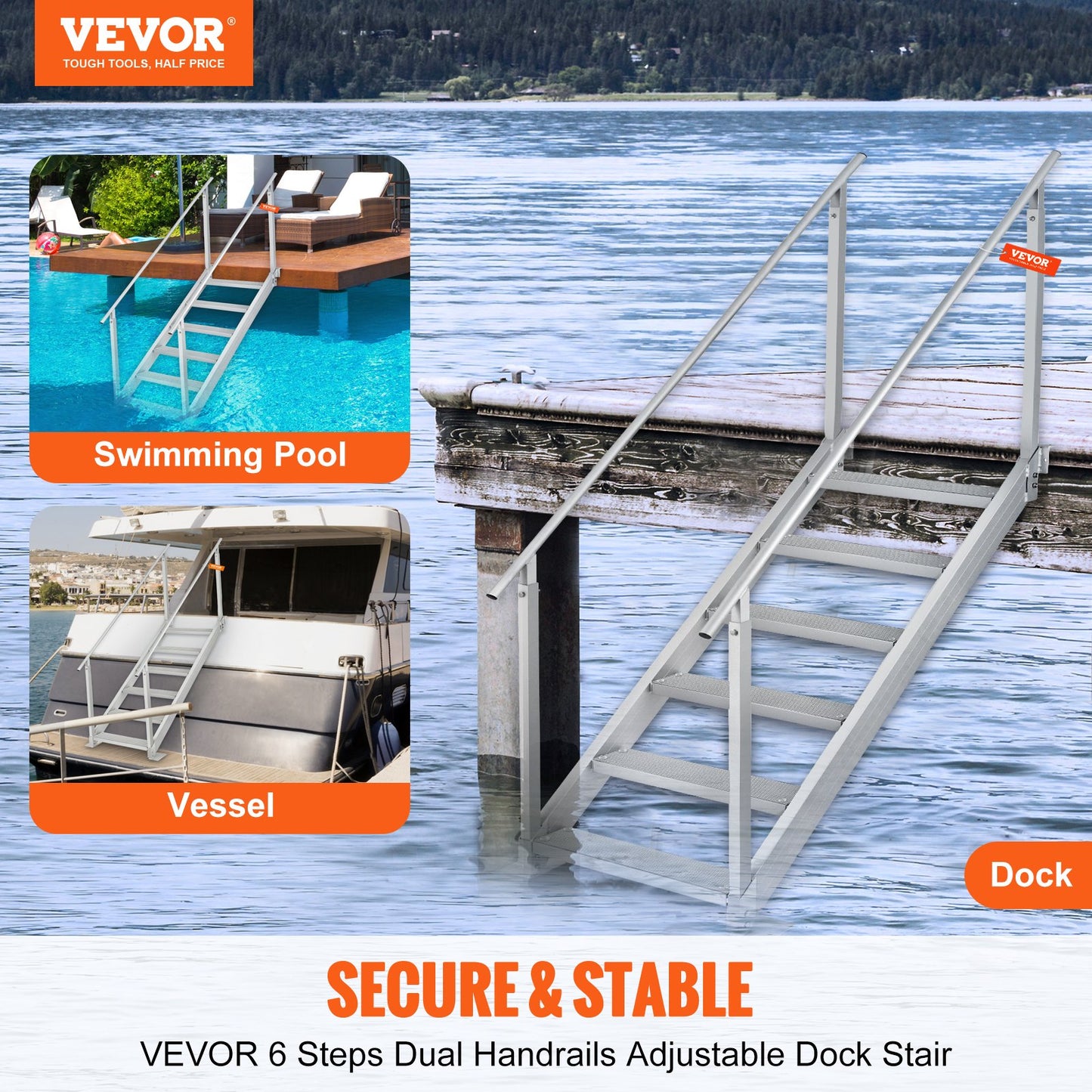 Adjustable Aluminum Dock Ladder 43-51 Inches with Dual Handrails, Nonslip Pedals, 500 lbs Capacity