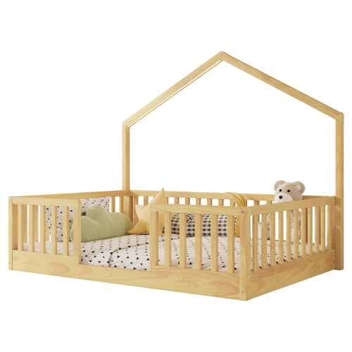 Full Montessori Floor Bed with High Rails & LED Light - Natural