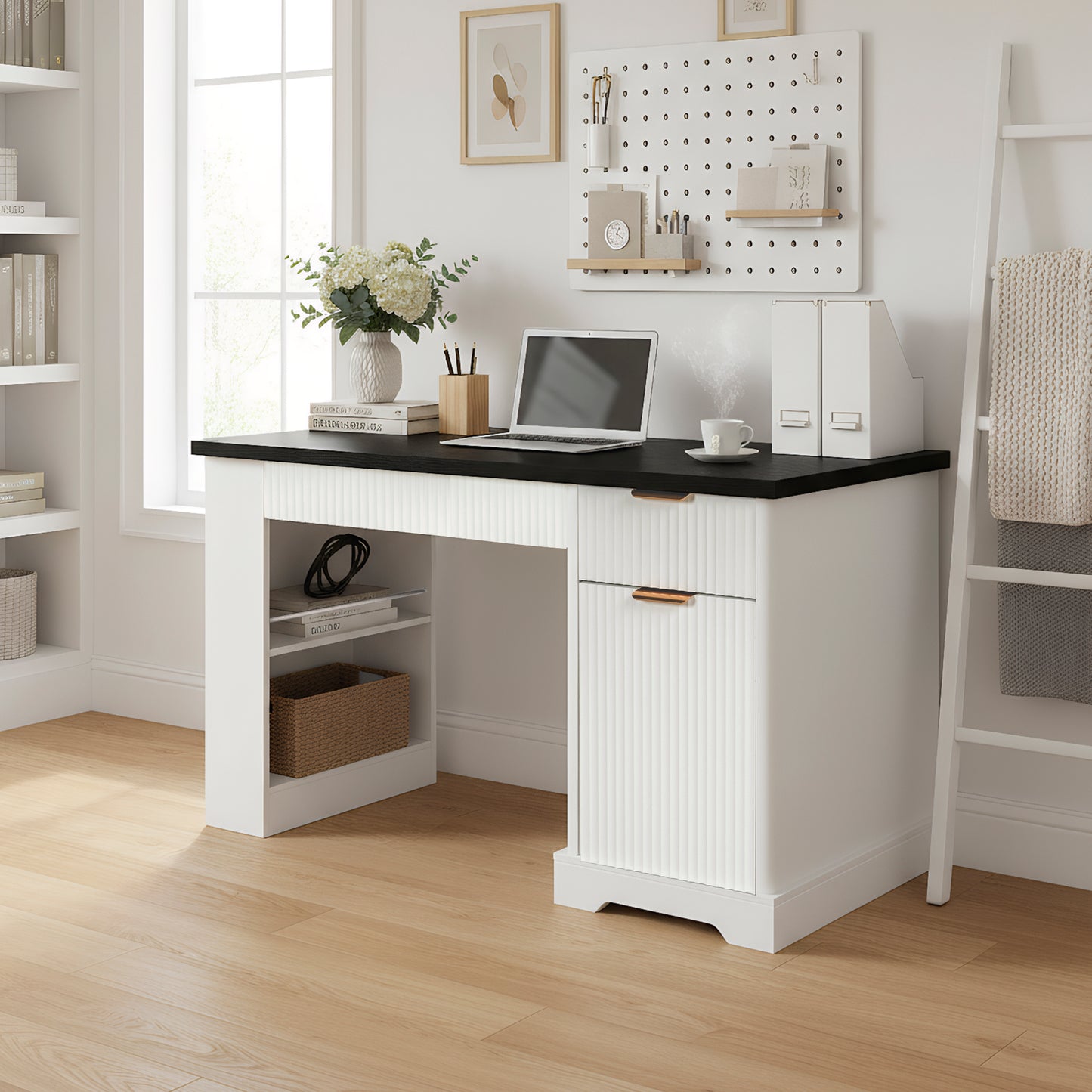 55" Modern Fluted Office Desk with Storage Cabinet & Power Outlet - White