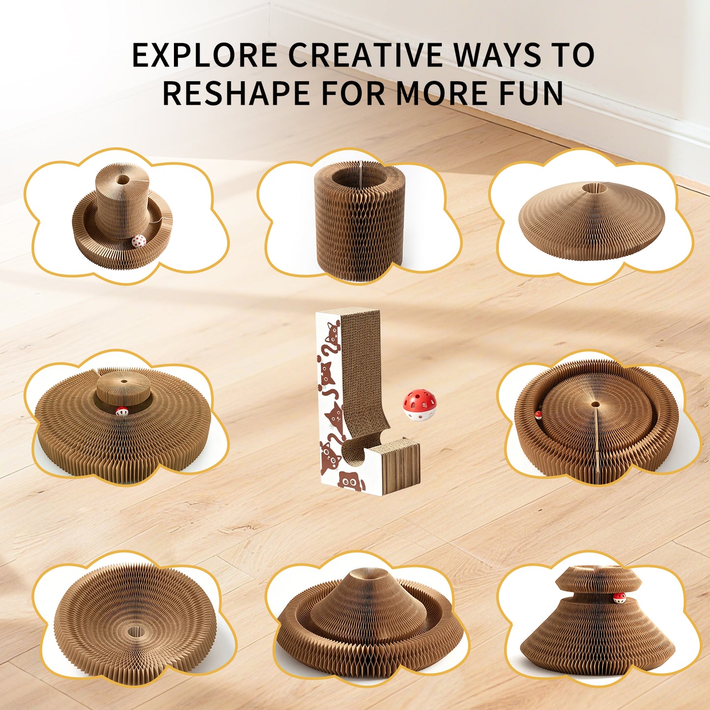 Foldable Cat Scratcher Toy with Rolling Bell Ball - Interactive Cardboard Claw Furniture