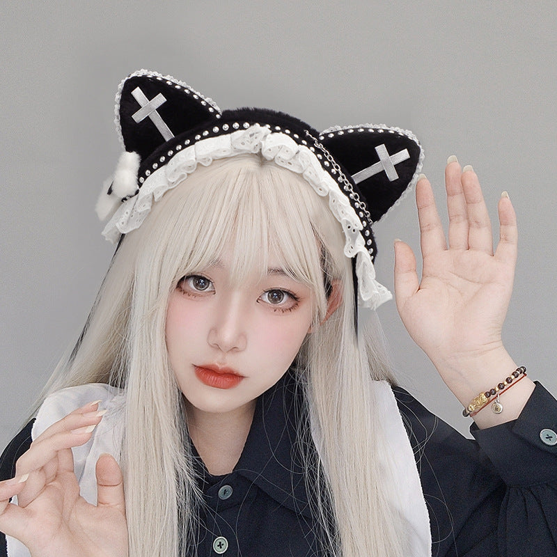 Goth Cat Ear Hair Band with Rivet Detail