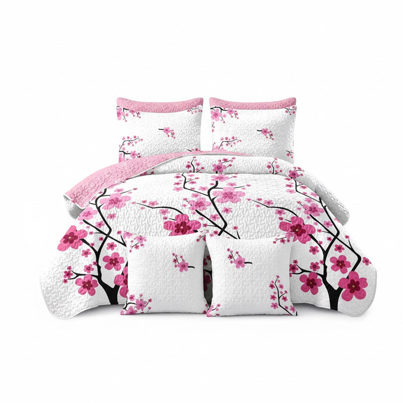 Pink Floral 5-Piece Quilt Set with Pillow Shams & Covers