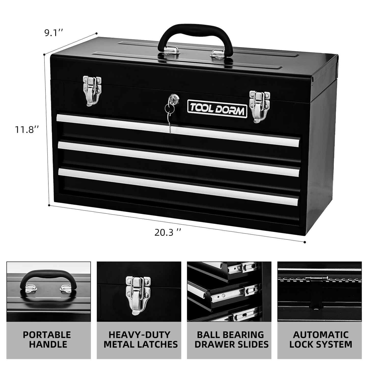 20.3-Inch Metal Tool Box with Drawers, Lockable Steel Chest for Garage and Workshop