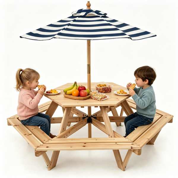 Kids Hexagonal Picnic Table with Umbrella - 6 Seats, Solid Wood Outdoor Set