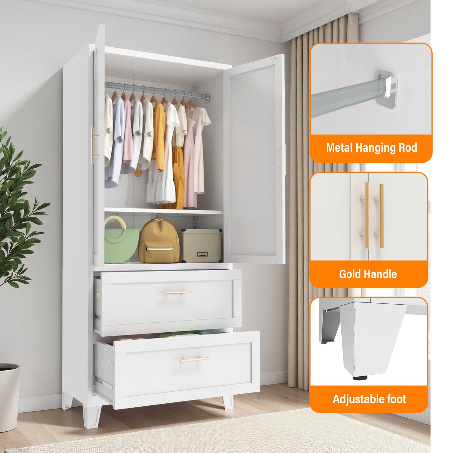 71-Inch Tall Metal Wardrobe Cabinet with 2 Drawers and Shelf - White