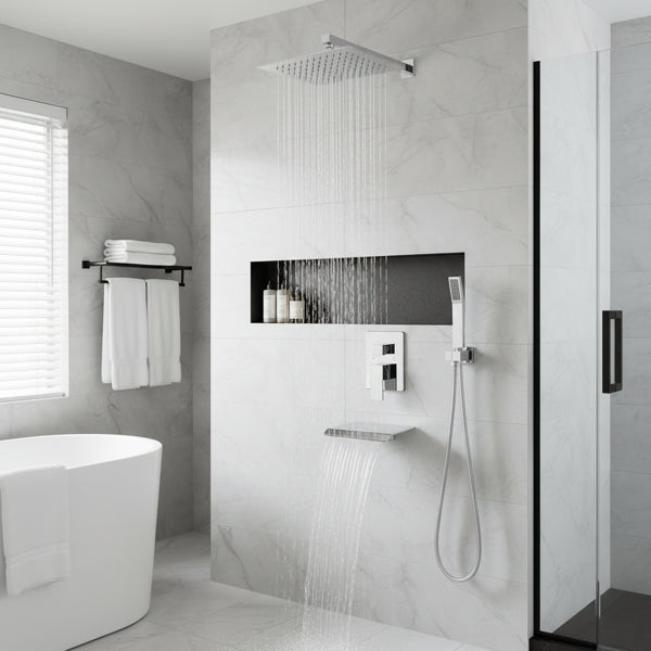 Rain Shower System Chrome 10 Inch Square Rainfall Shower Head with Handheld Sprayer & Tub Spout