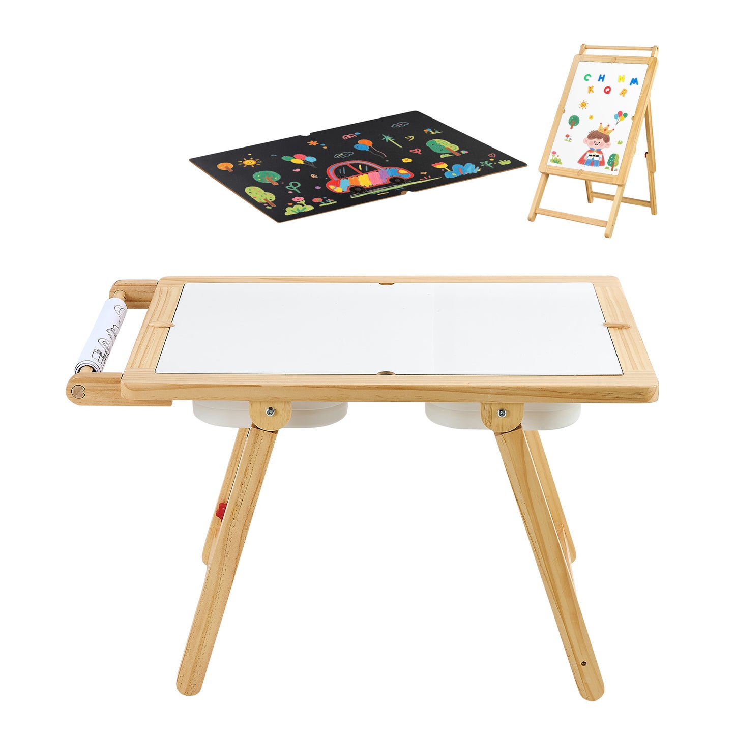 Wooden Sensory Table & Art Easel for Toddlers with Reversible Board & Storage Bins