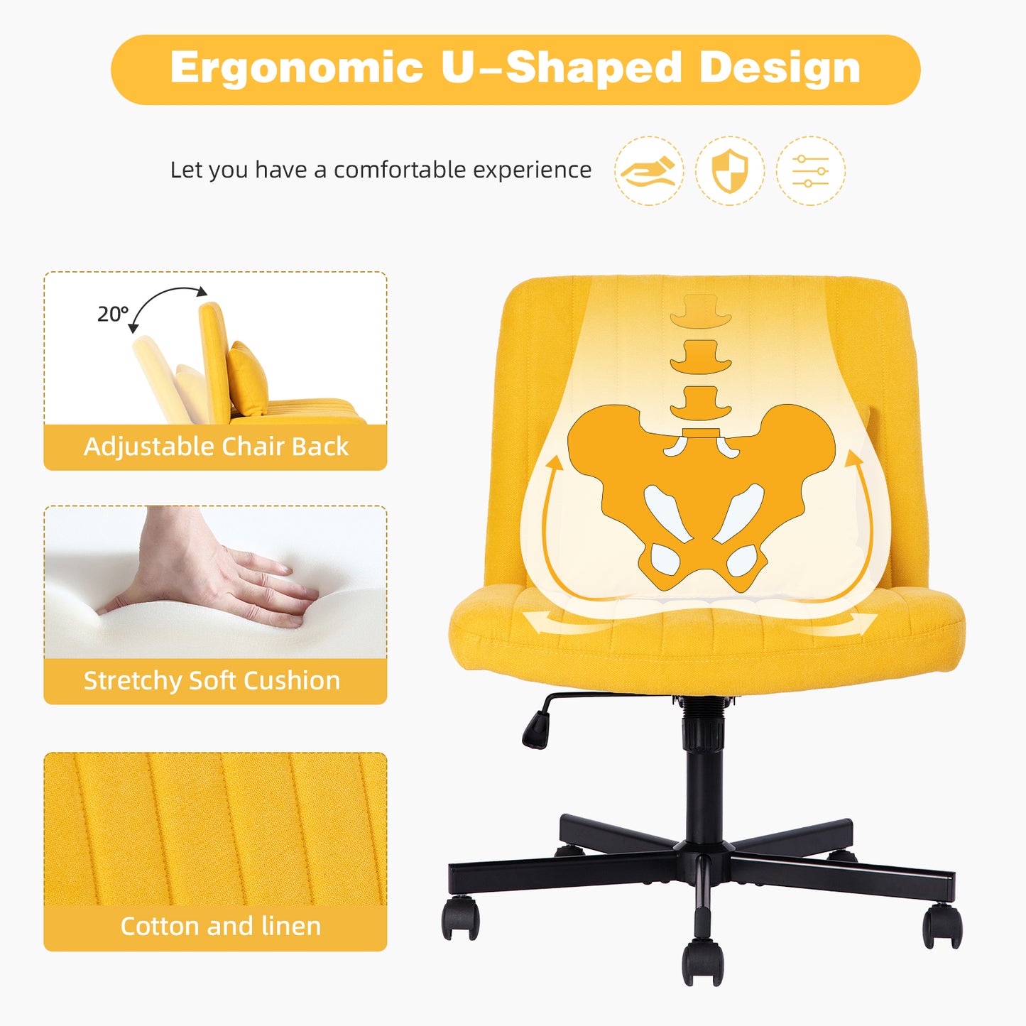 Yellow Linen Criss Cross Office Chair with Wheels - Ergonomic Design