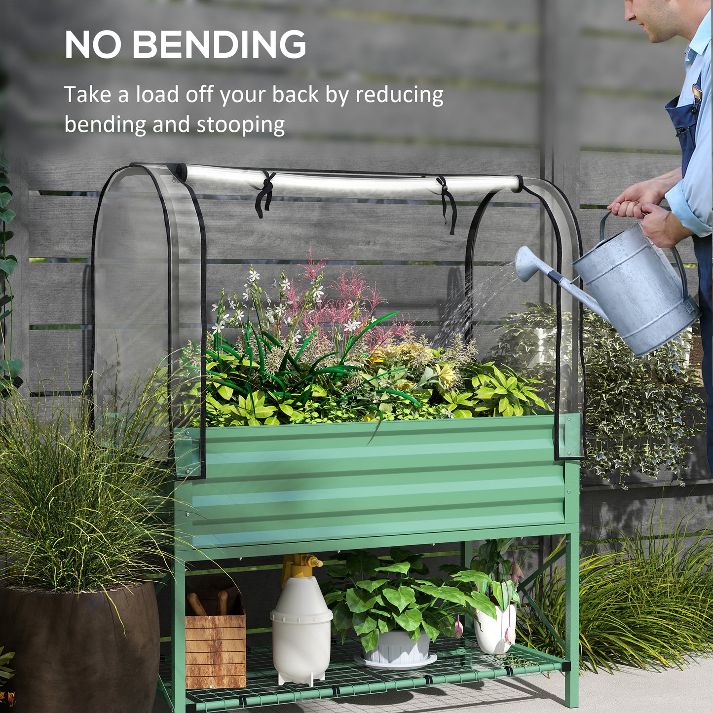 Raised Garden Bed with Legs and Cover - Metal Elevated Planter Box with Shelf for Vegetables